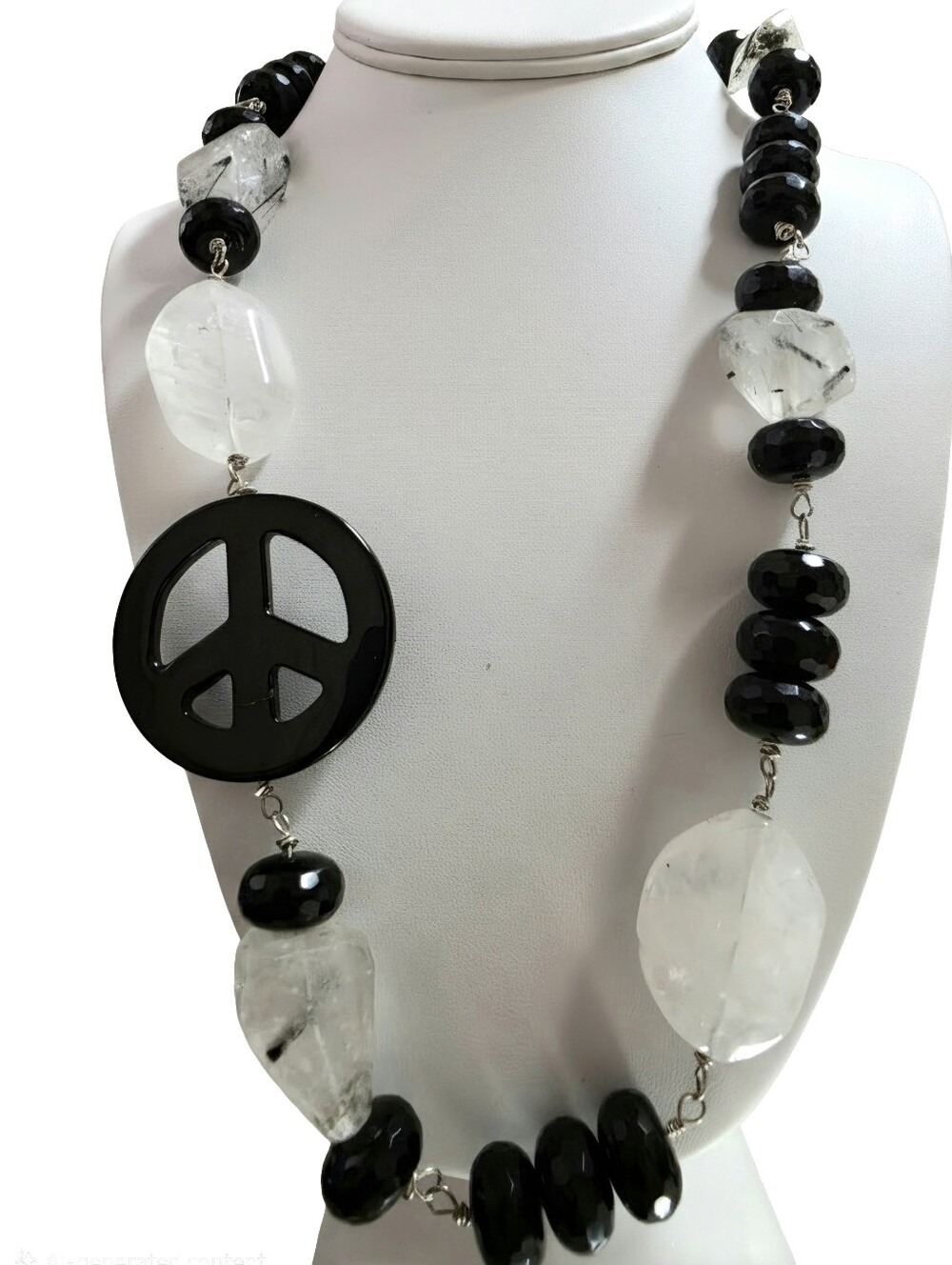 Artisan  Black& White Chunky Tourmalinated and Milky Quartz and Glass Necklace